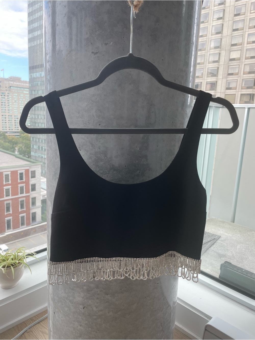 Dynamite Black Cropped Tank with Silver Beaded Fringe